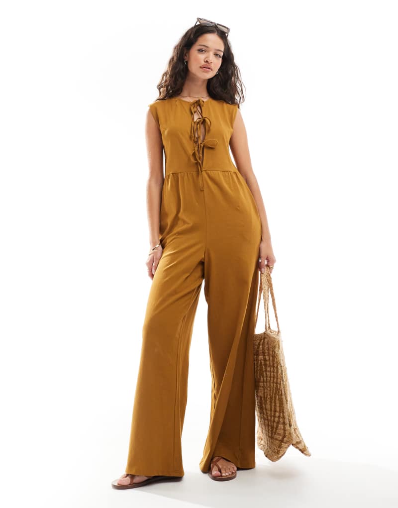 ASOS DESIGN tie front wide leg jumpsuit in brown ASOS DESIGN