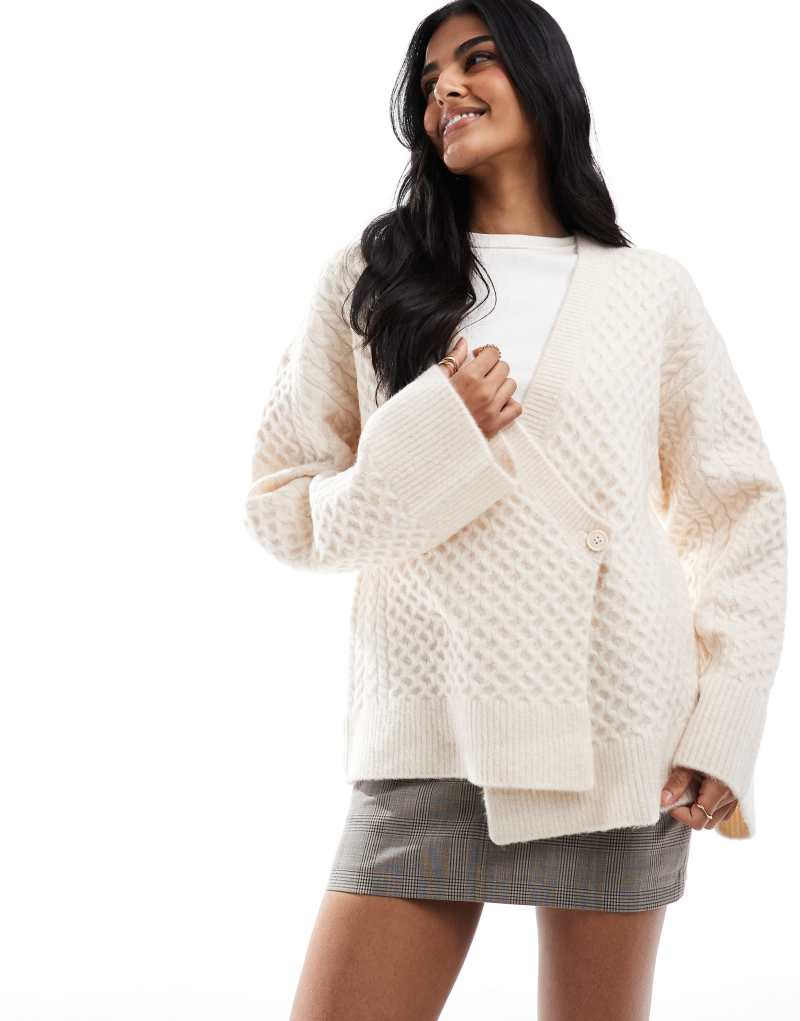 ASOS DESIGN knitted wrap cable cardigan in cream ASOS DESIGN