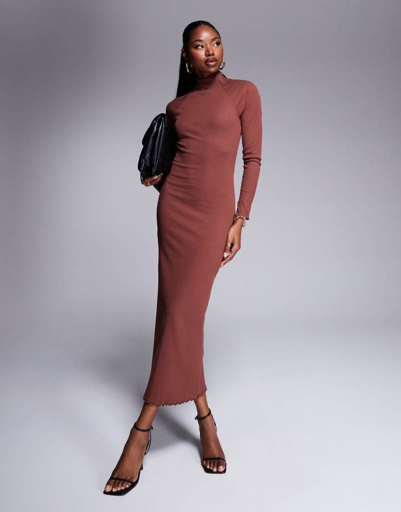 ASOS DESIGN ribbed long sleeve high neck batwing maxi dress in brown ASOS DESIGN