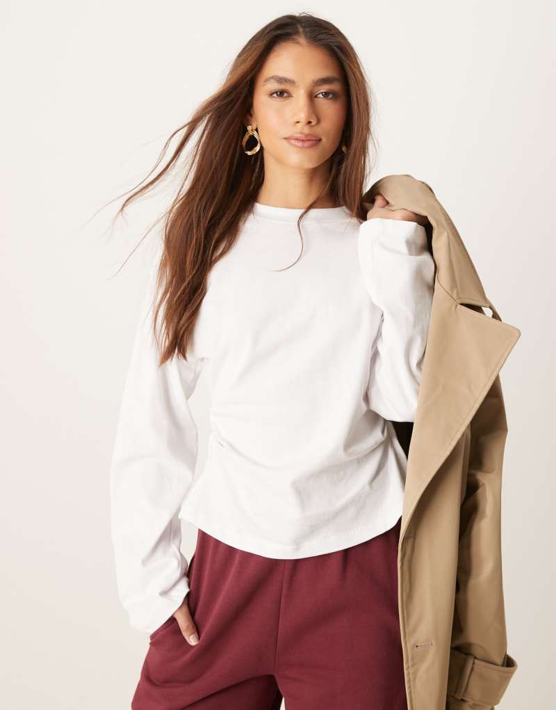 ASOS DESIGN corset waist long sleeve tee in white ASOS DESIGN