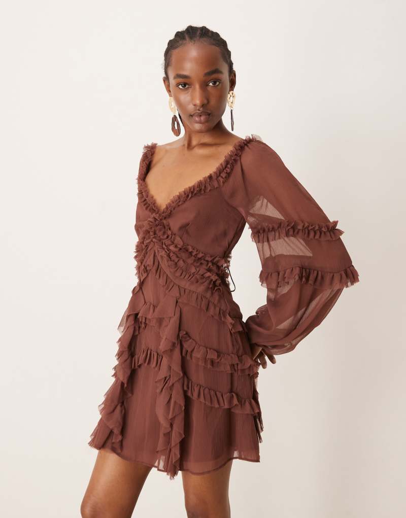 ASOS DESIGN ruffle detail blouson sleeve mini dress in chocolate ASOS DESIGN