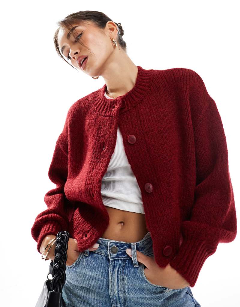 ASOS DESIGN crew neck loose knit cardigan in burgundy ASOS DESIGN