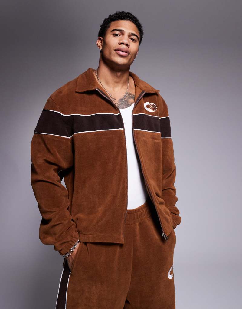 ASOS DESIGN oversized boxy track jacket with panels in brown fleece - part of a set ASOS DESIGN