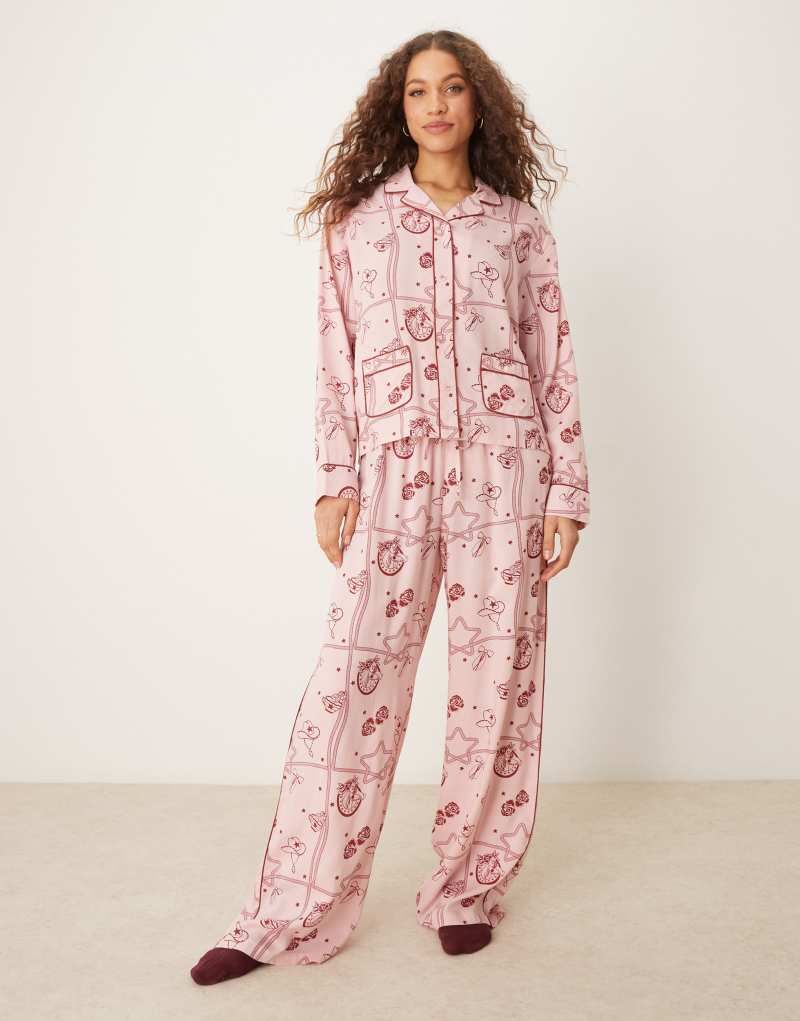 ASOS DESIGN rodeo print modal pajama shirt and wide leg pants set in pink ASOS DESIGN