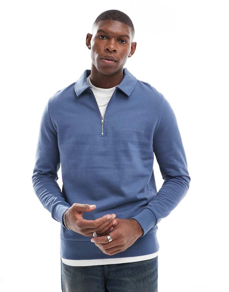 ASOS DESIGN polo sweatshirt with zip in blue ASOS DESIGN