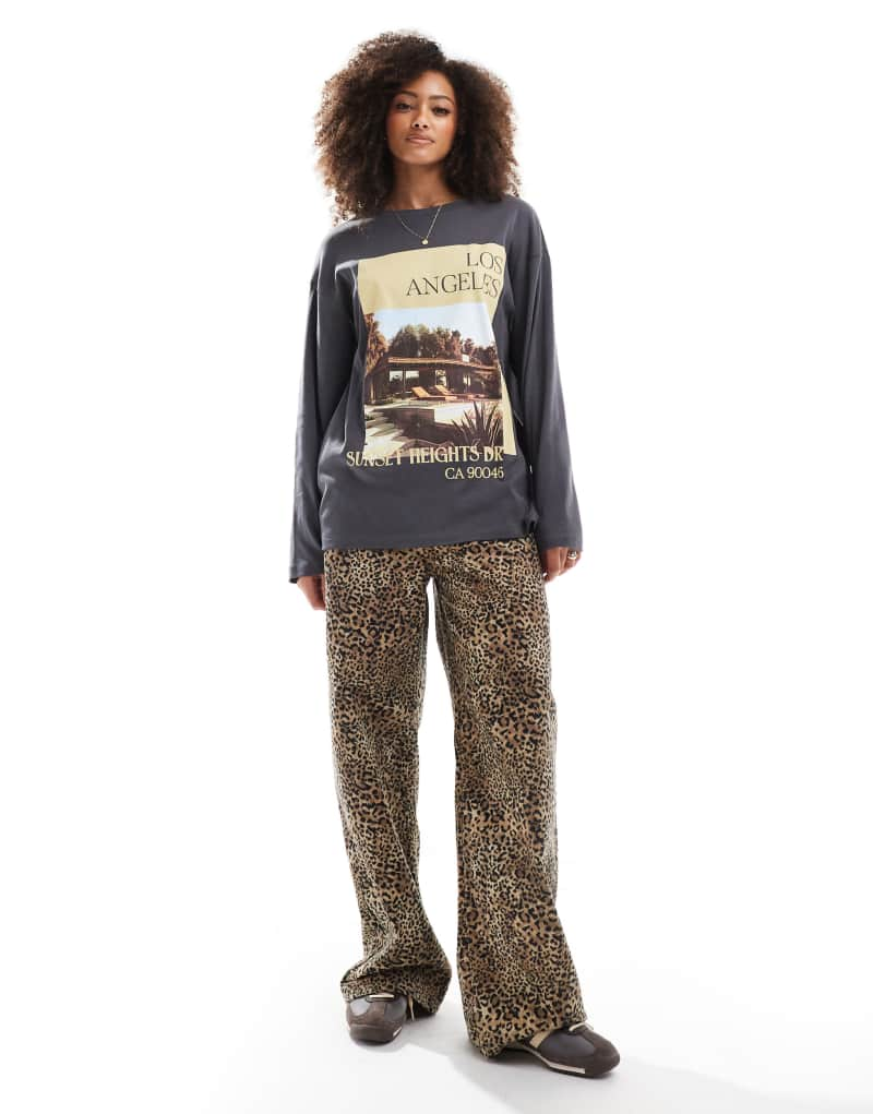 ASOS DESIGN long sleeve skater t-shirt with los angeles graphic in charcoal ASOS DESIGN