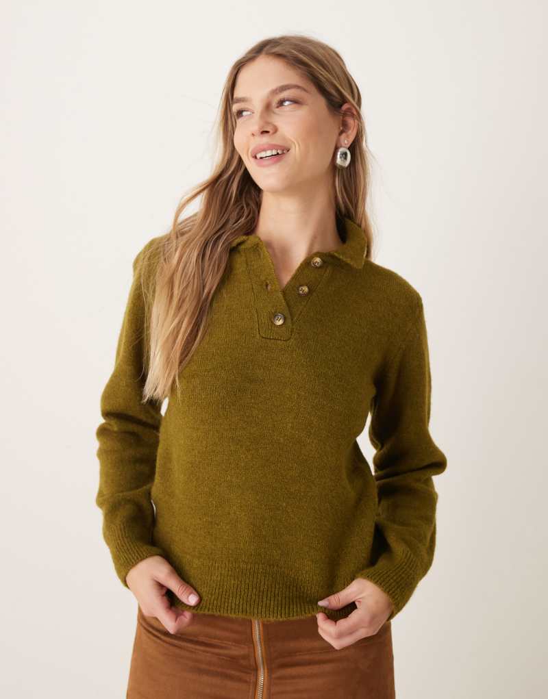 ASOS DESIGN knit collared sweater in olive ASOS DESIGN