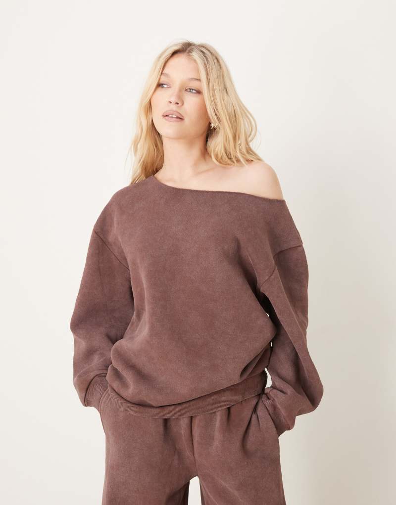 ASOS DESIGN off shoulder sweatshirt in washed brown - part of a set ASOS DESIGN