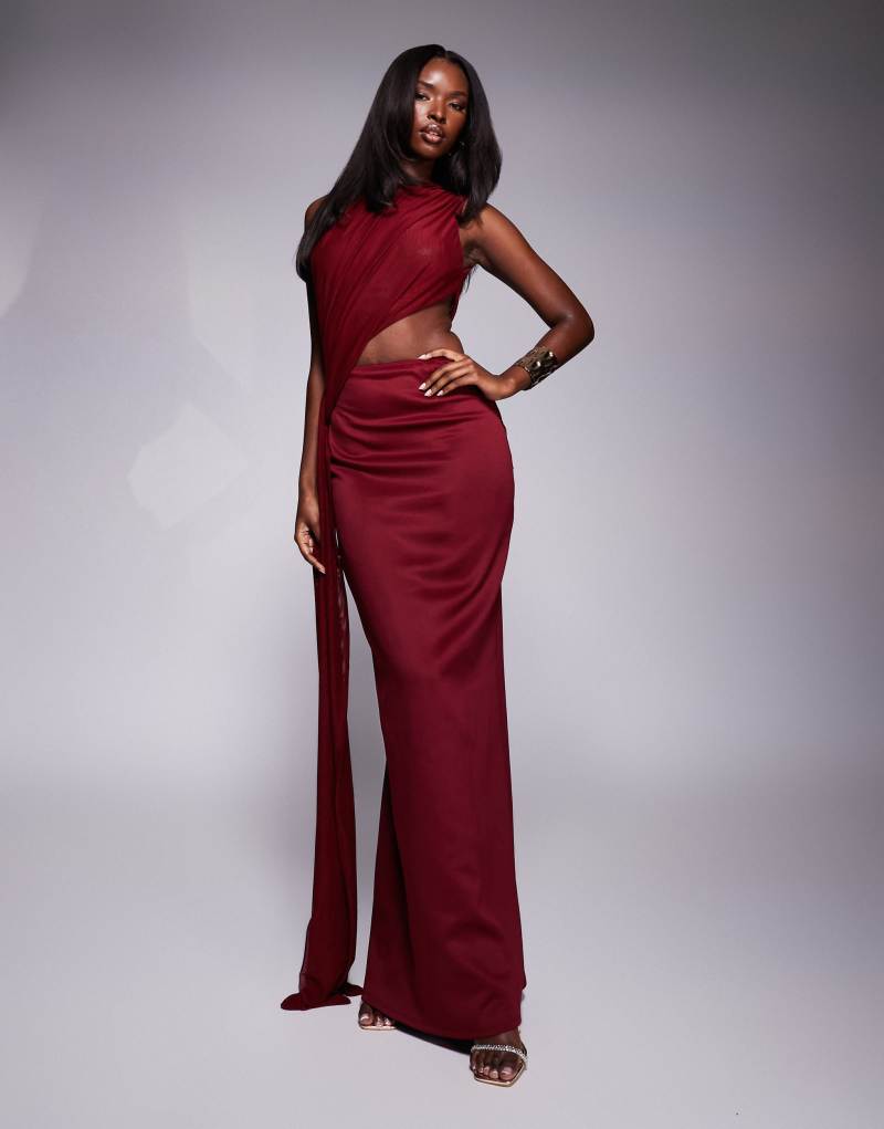 ASOS DESIGN high neck scuba maxi dress with draped mesh side train detail in burgundy ASOS DESIGN