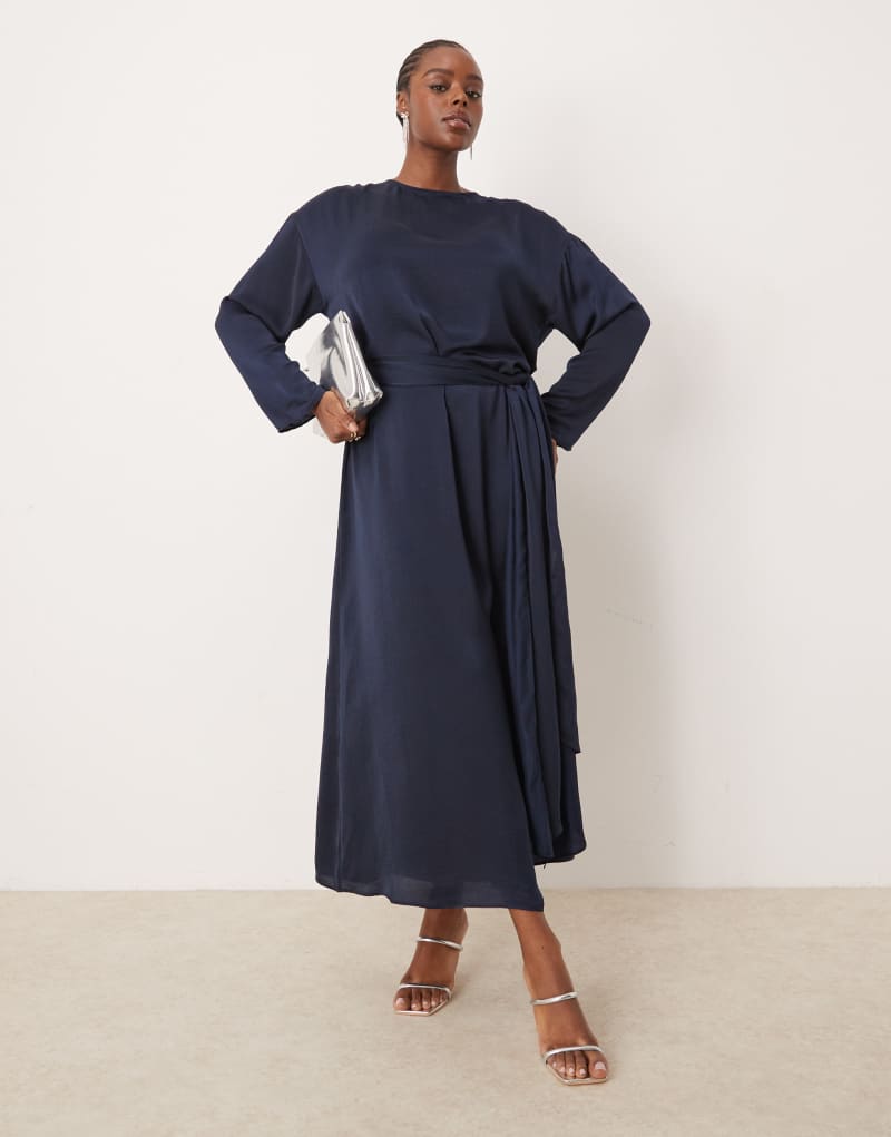 ASOS DESIGN Curve satin long sleeved tie detail maxi dress in navy ASOS Curve