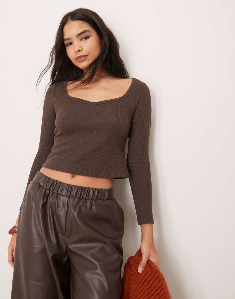 ASOS DESIGN sweetheart waffle top in brown ASOS DESIGN