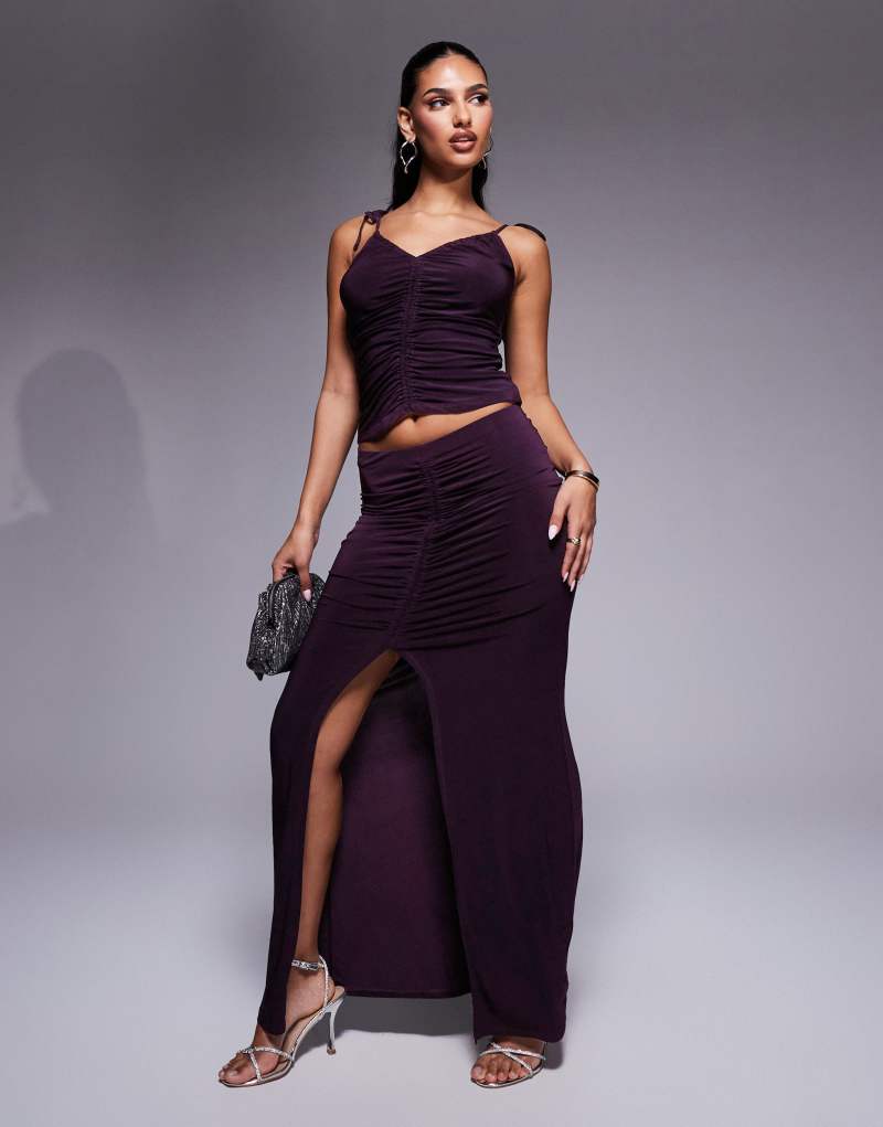 ASOS DESIGN slinky ruched front maxi skirt with front split in blackcurrant - part of a set ASOS DESIGN