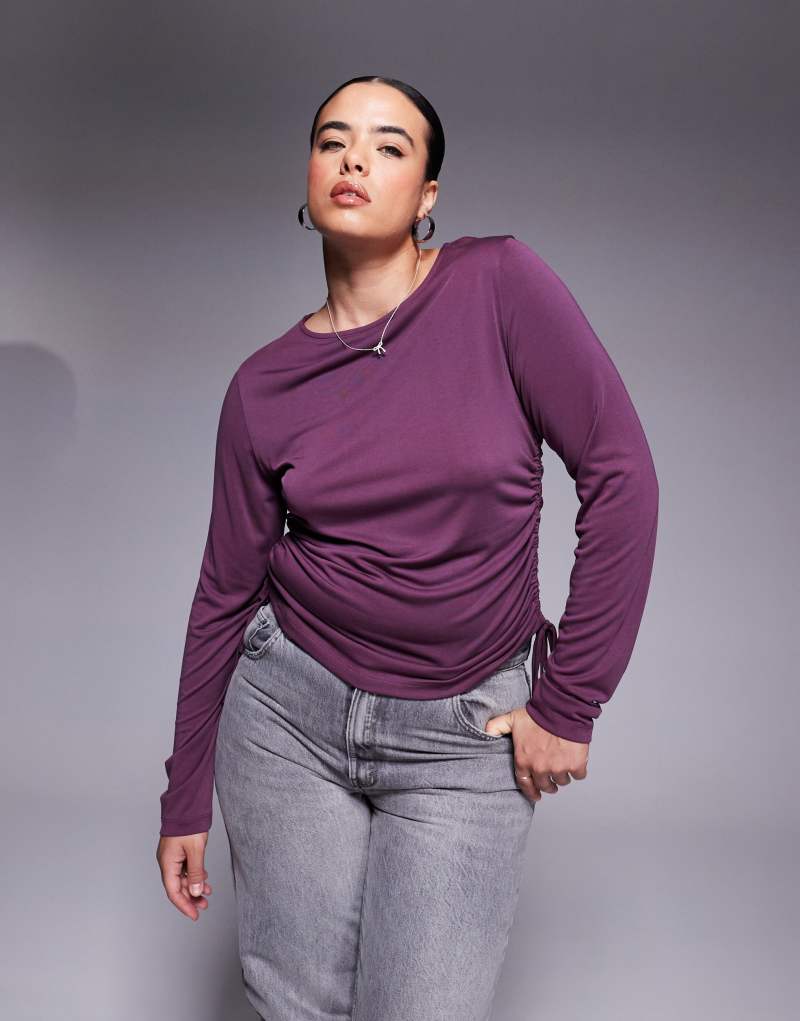 ASOS DESIGN Curve premium modal long sleeve top with ruched sides in burgundy ASOS Curve