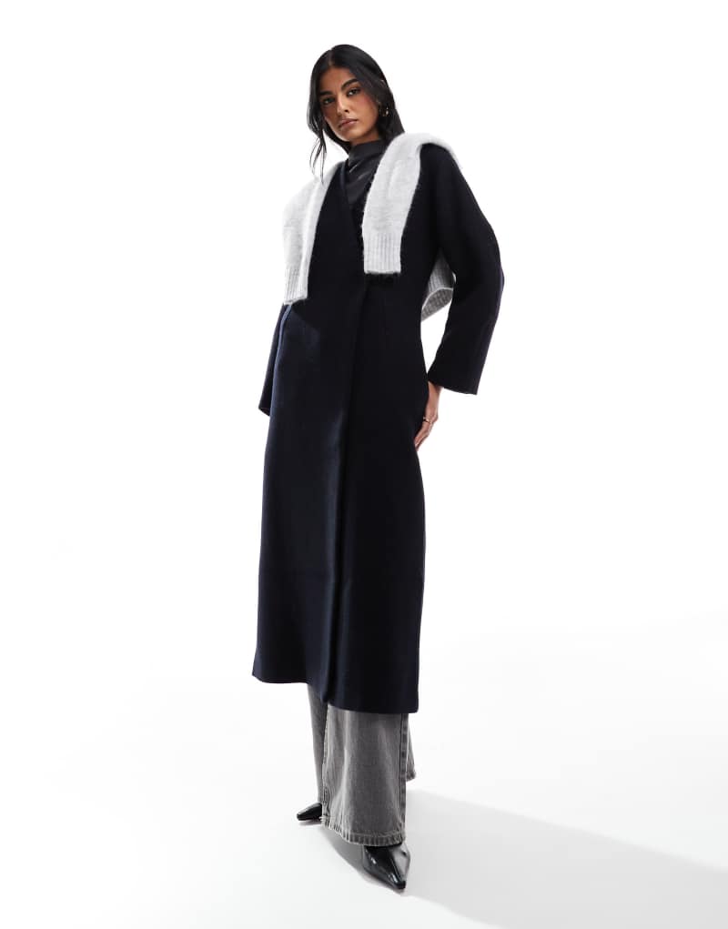 ASOS DESIGN collarless nipped waist wool mix coat in navy ASOS DESIGN