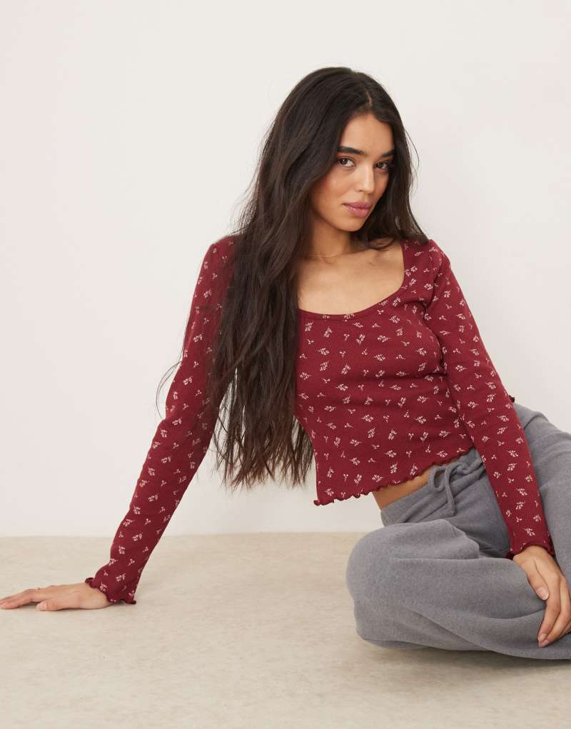 ASOS DESIGN printed ditsy waffle scoop neck top in burgundy ASOS DESIGN