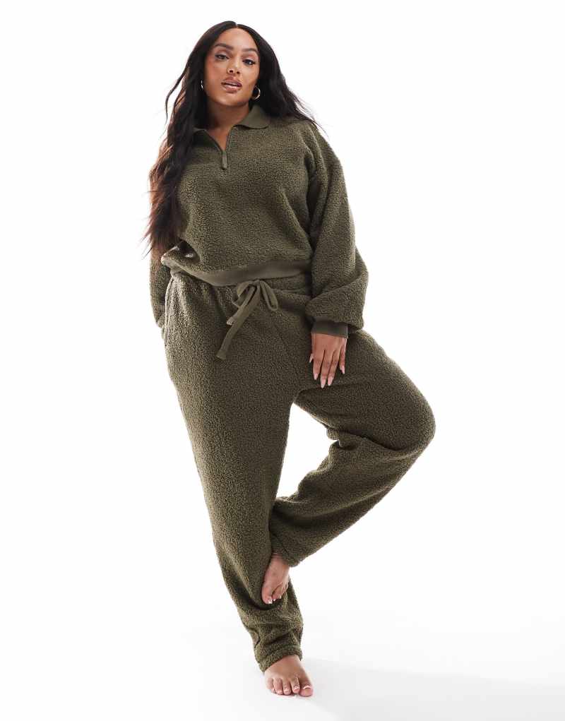 ASOS DESIGN Curve lounge teddy zip collar sweatshirt & tapered pants set in khaki ASOS Curve