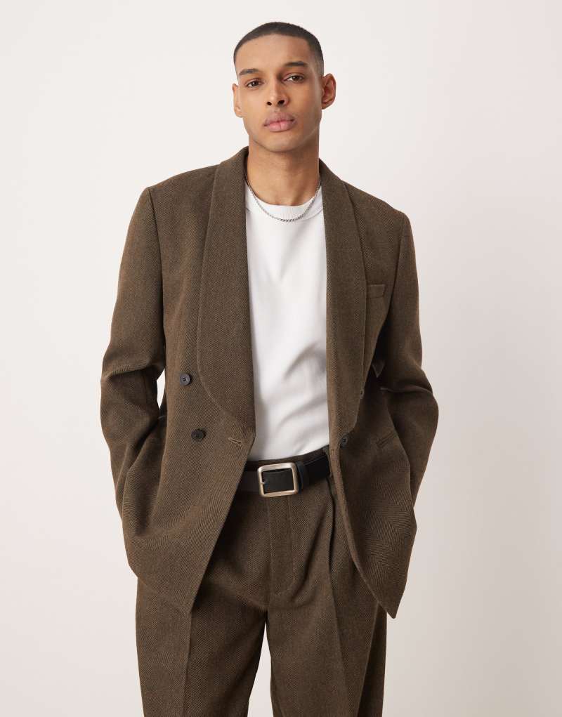 ASOS DESIGN double breasted regular suit jacket in brown herringbone wool ASOS DESIGN