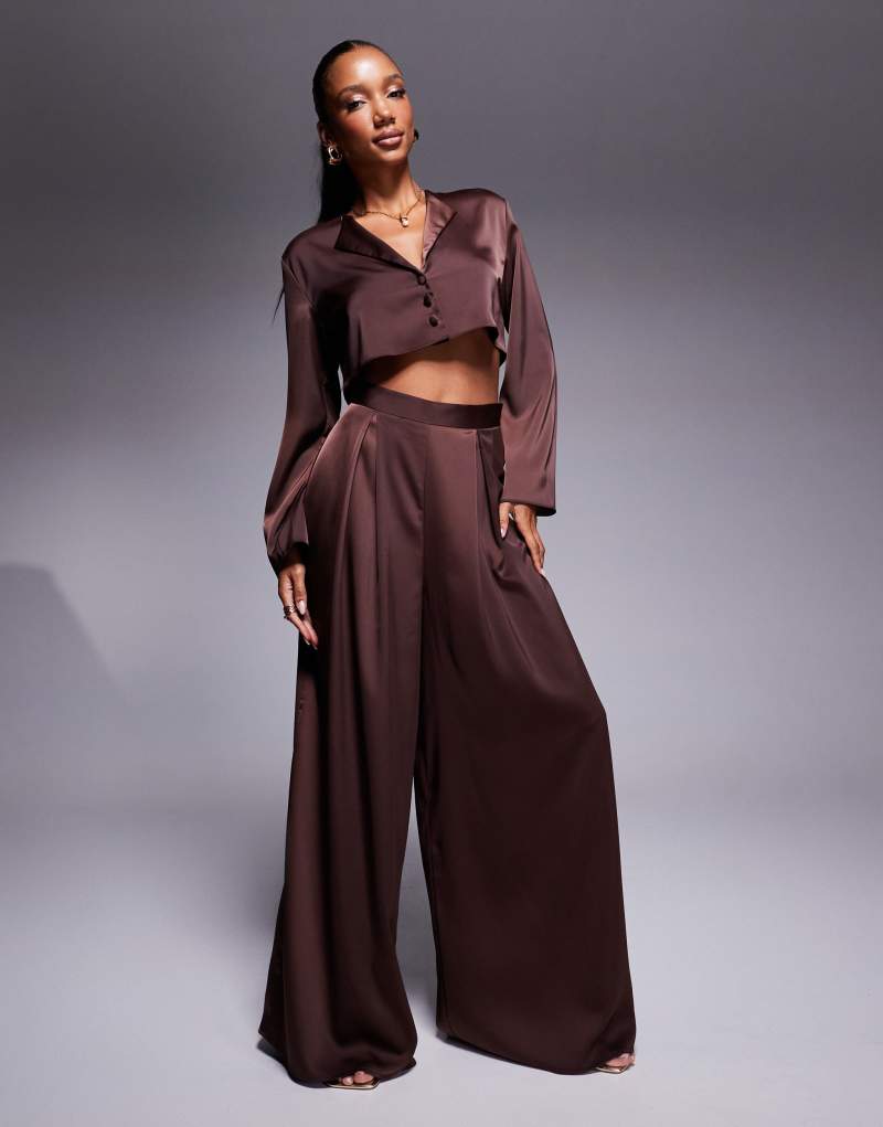 ASOS DESIGN satin wide leg pants in brown - part of a set ASOS DESIGN