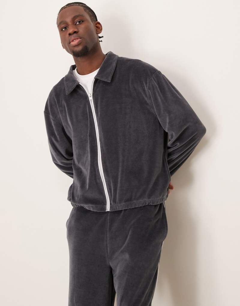 ASOS DESIGN oversize boxy track jacket with piping in gray velour - part of a set ASOS DESIGN