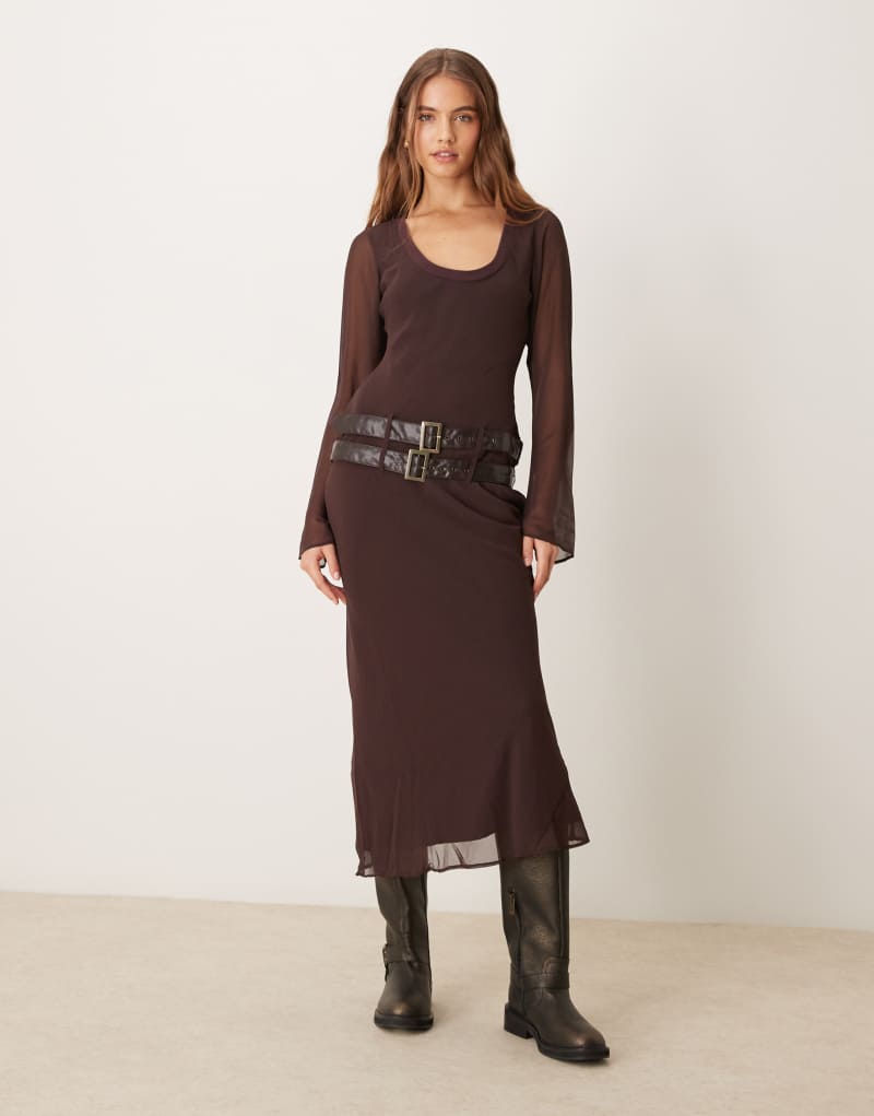 ASOS DESIGN scoop ribbed neck midi dress with double belt in chocolate plum ASOS DESIGN