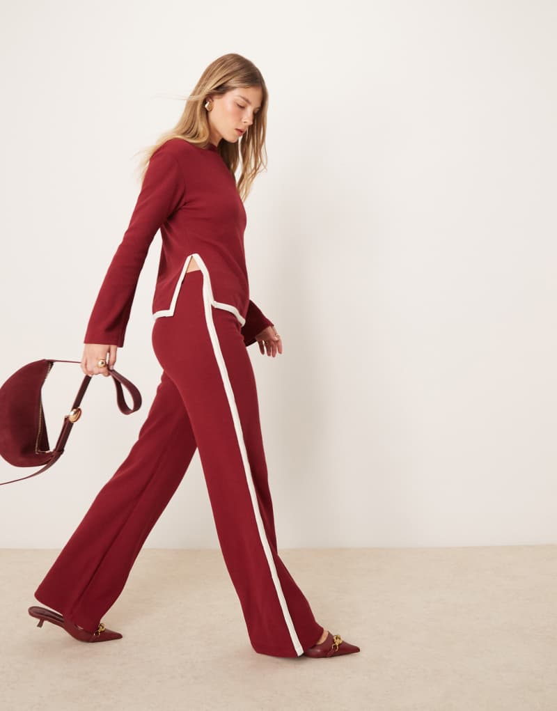 ASOS DESIGN tipped waffle wide leg pants in burgundy - part of a set ASOS DESIGN