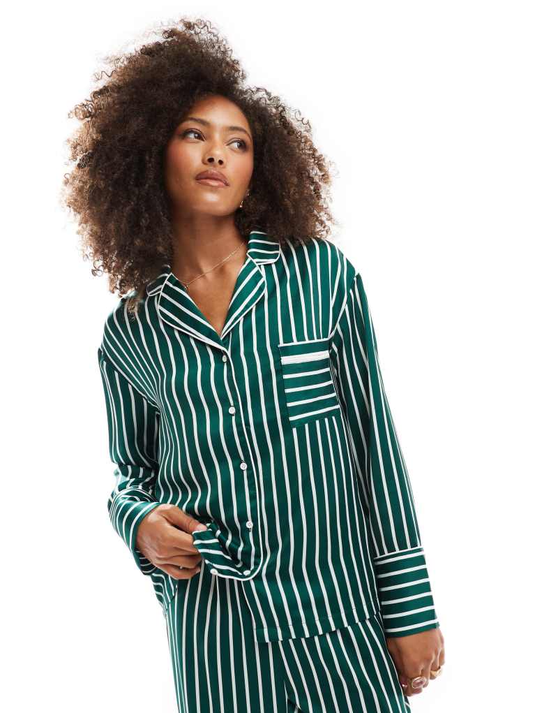 4th & Reckless satin long sleeve stripe pajama shirt in green 4TH & RECKLESS