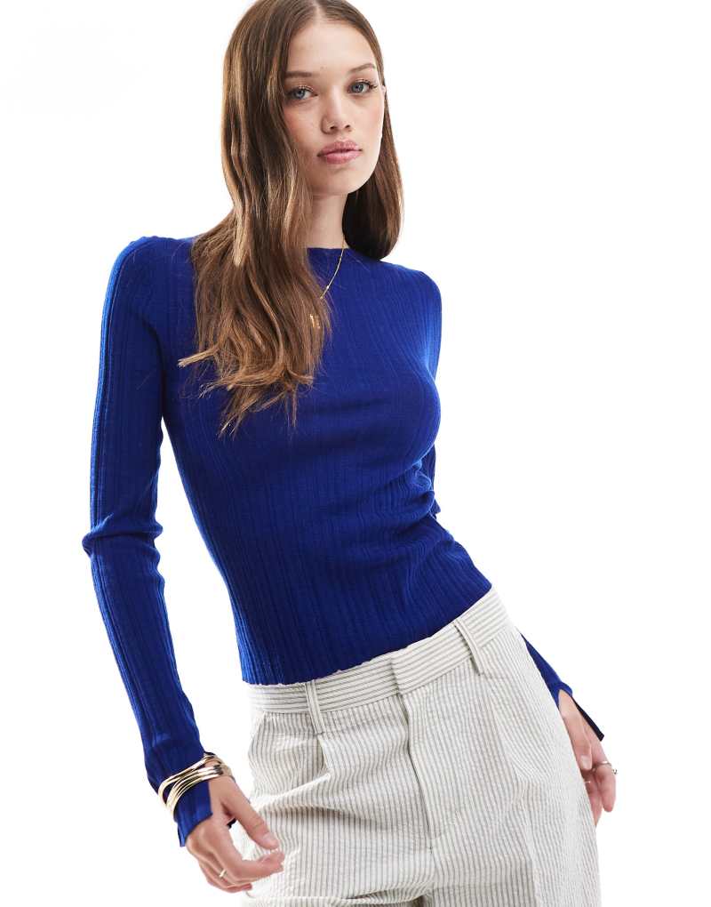 & Other Stories merino wool knit rib fitted top with boat neck and split cuffs in bright blue & OTHER STORIES