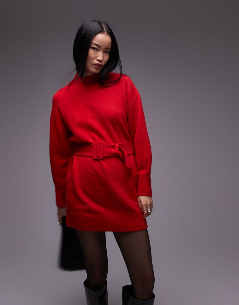 & Other Stories knitted mini dress with belt in red & OTHER STORIES