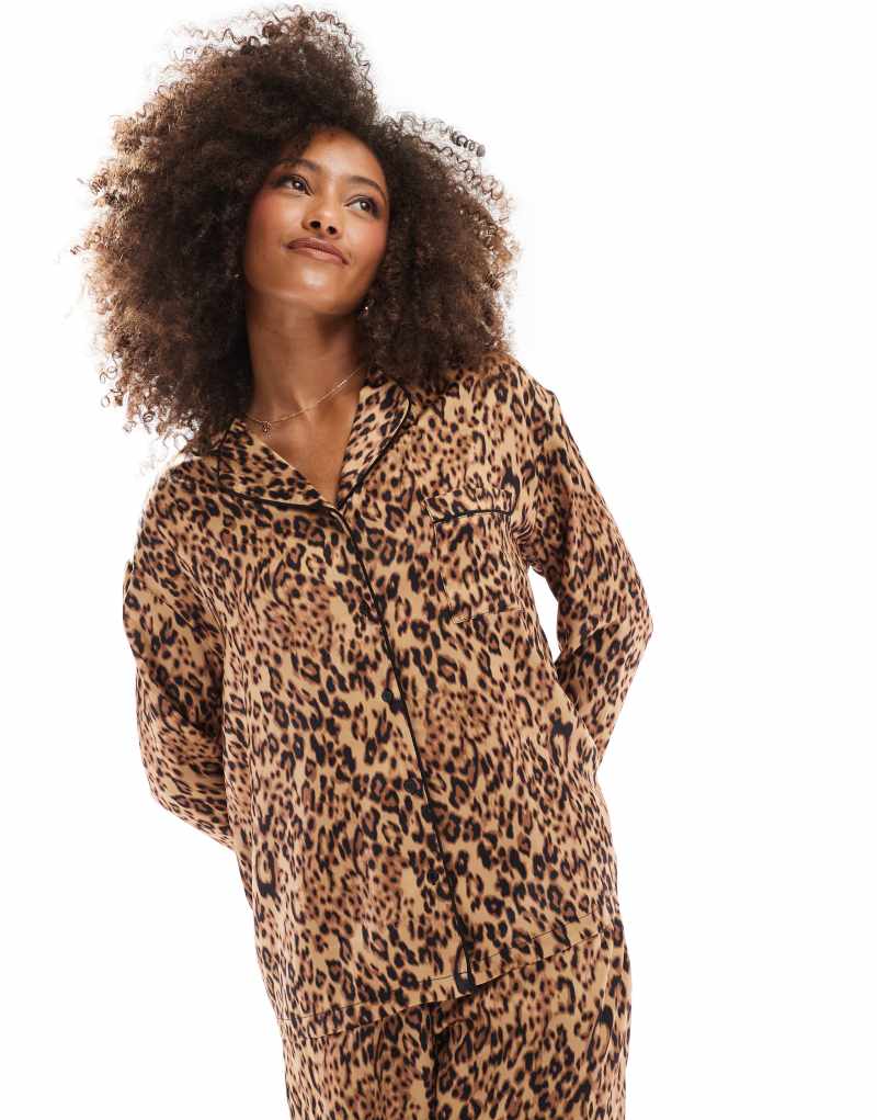 4th & Reckless long sleeve satin pajama shirt in leopard print 4TH & RECKLESS