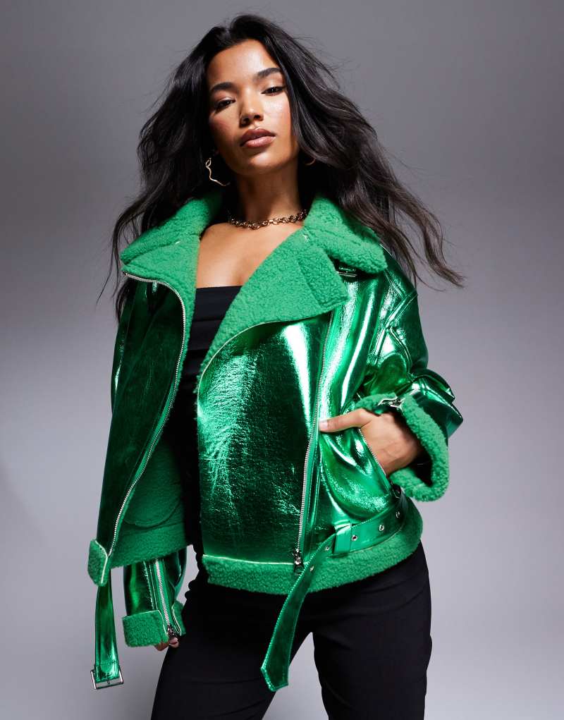 Amy Lynn aviator jacket in metallic emerald green Amy Lynn