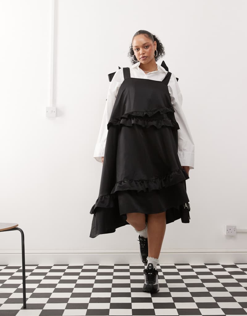 COLLUSION Plus satin ruffle smock dress in black Collusion