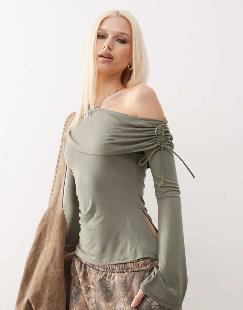 COLLUSION asymmetric long sleeve bow detail top in khaki Collusion