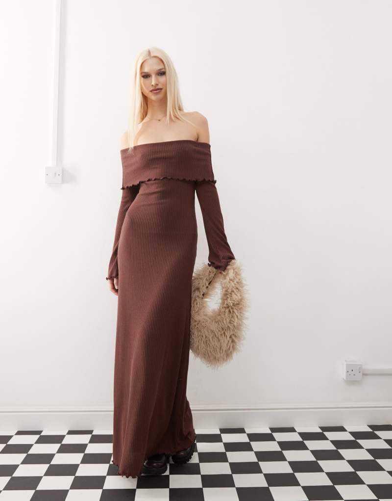 COLLUSION fold-over bardot maxi dress in chocolate rib Collusion