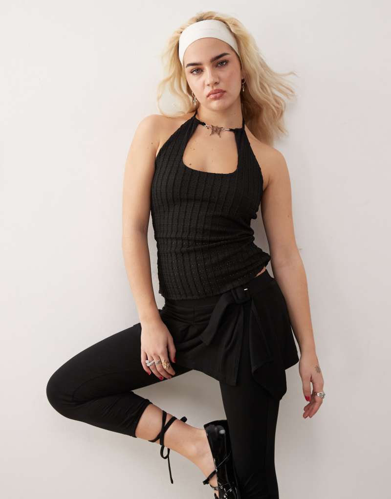 COLLUSION butterfly trim halter neck top in black Collusion