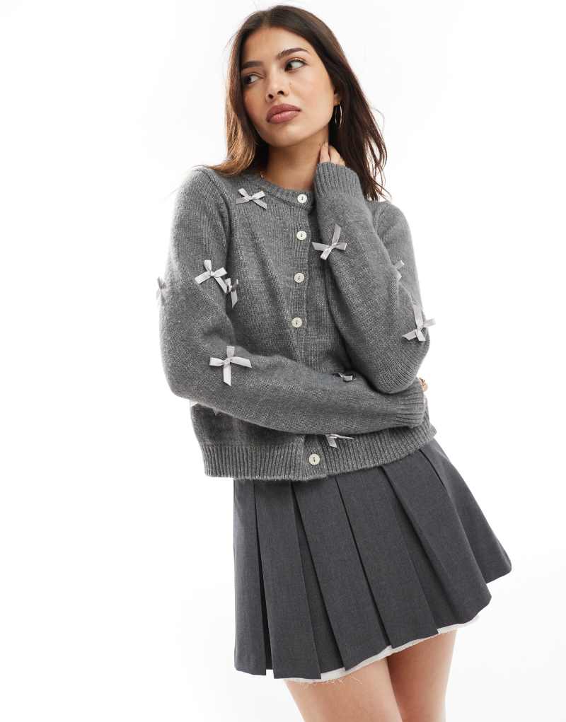 Cotton On crew neck cardigan with bow details in graphite COTTON ON