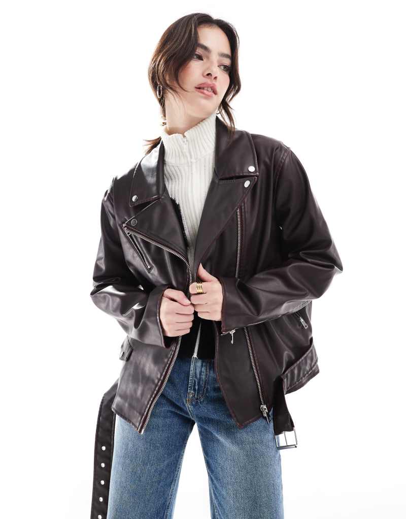 Cotton On roman faux leather biker jacket in distressed cherry COTTON ON