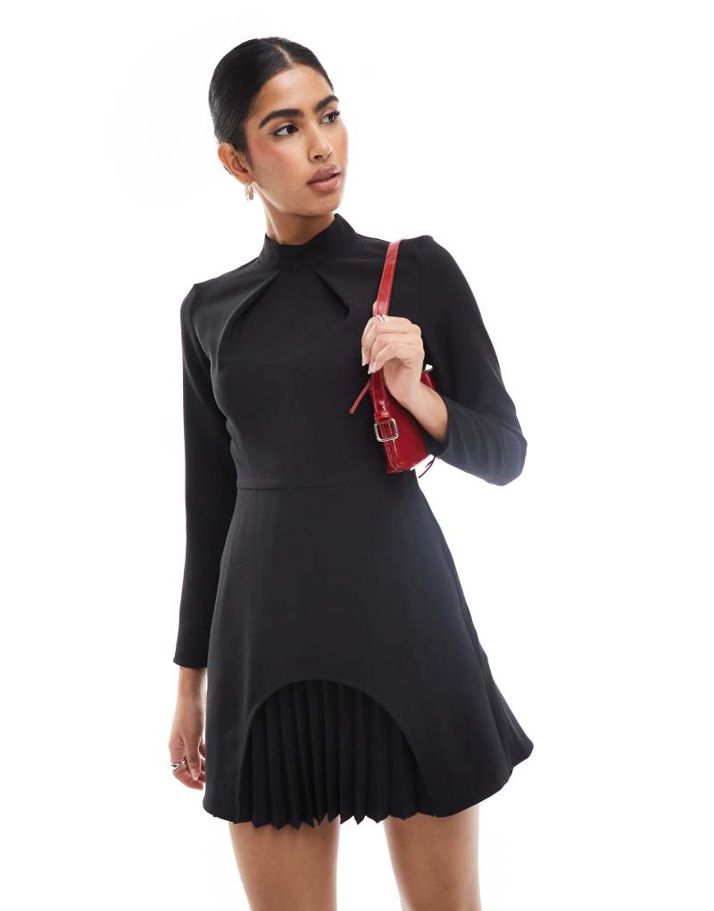 Closet London long sleeve pleated mini dress in black Closet London