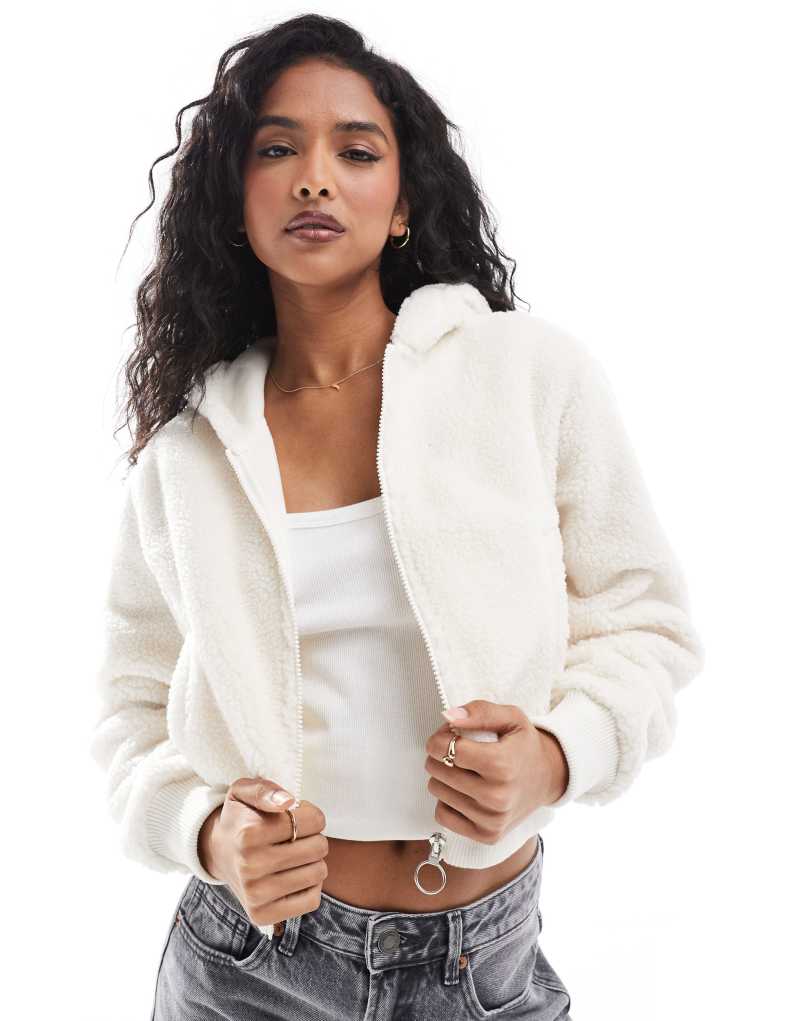 Cotton On hooded sherpa zip jacket in coconut milk COTTON ON