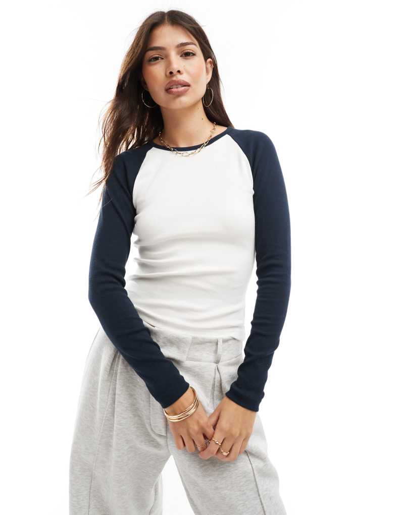 Cotton On raglan long sleeve T-shirt in white and navy COTTON ON