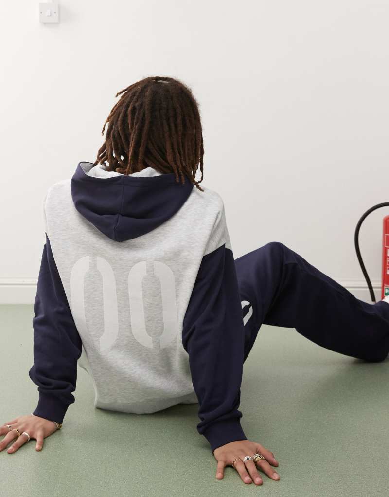 COLLUSION heather gray and navy blue boxy hoodie with print - part of a set Collusion