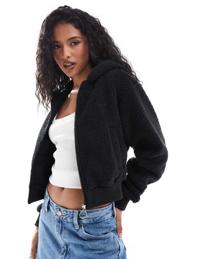 Cotton On washed sherpa zip jacket in black COTTON ON