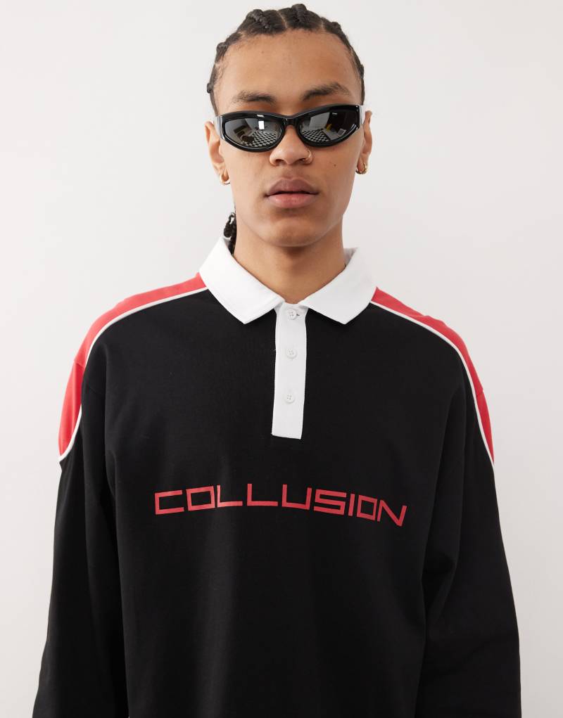 COLLUSION Skater rugby T-shirt in black with red print  Collusion