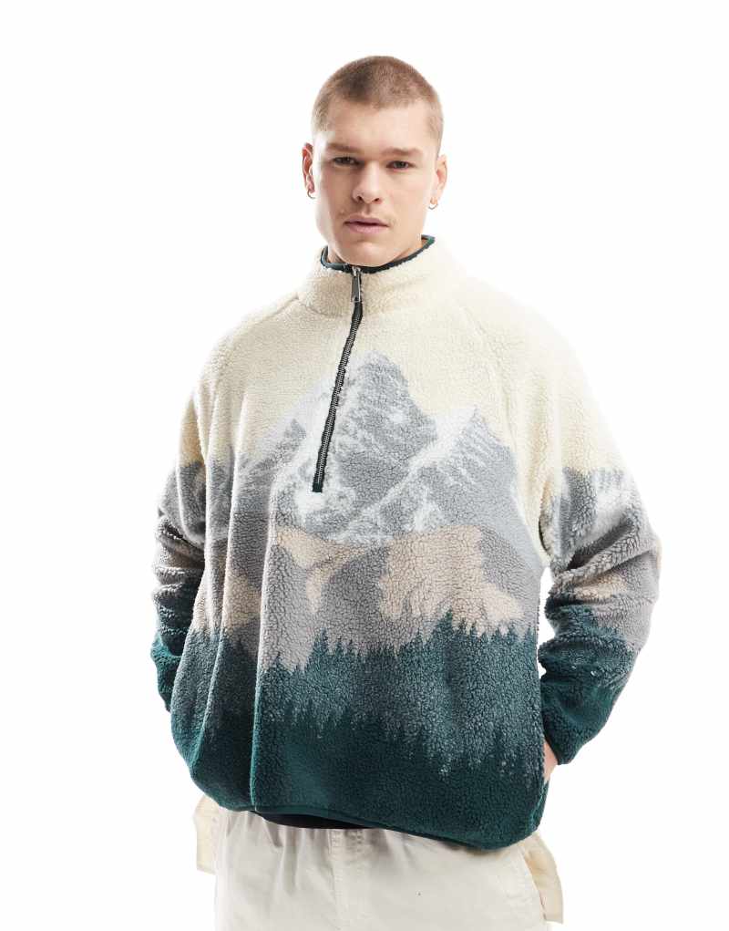 Cotton On boxy quarter zip fleece with mountains in bone COTTON ON