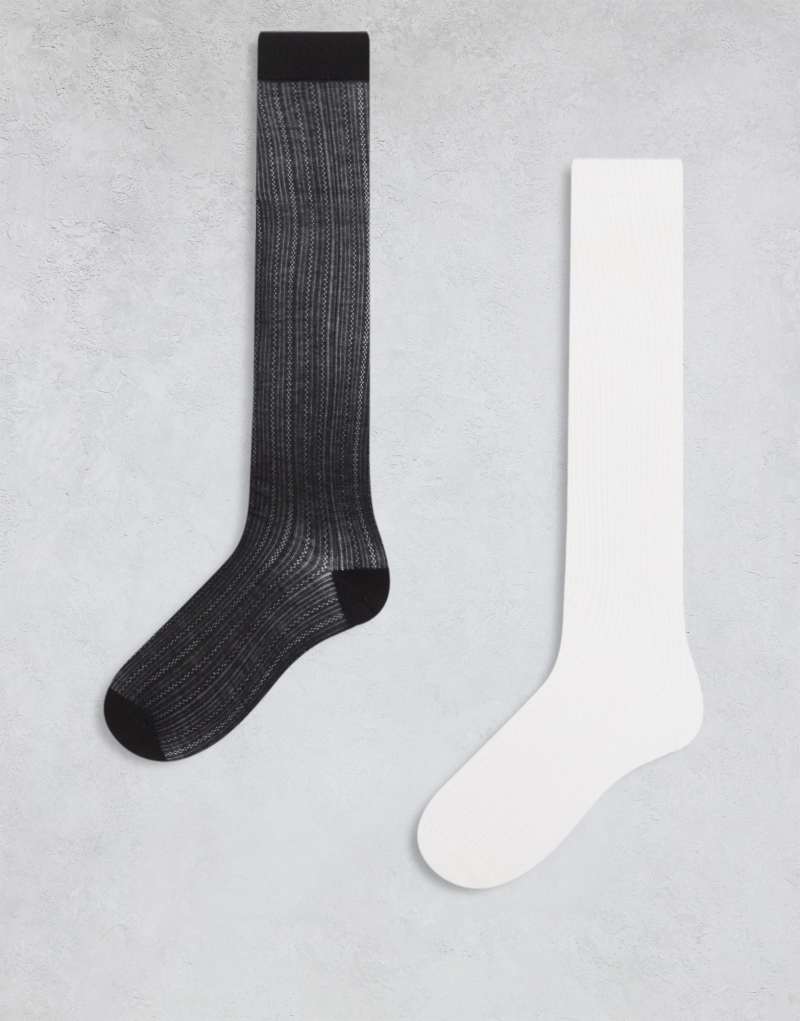 Cotton On pointelle knee socks 2 pack in white black COTTON ON