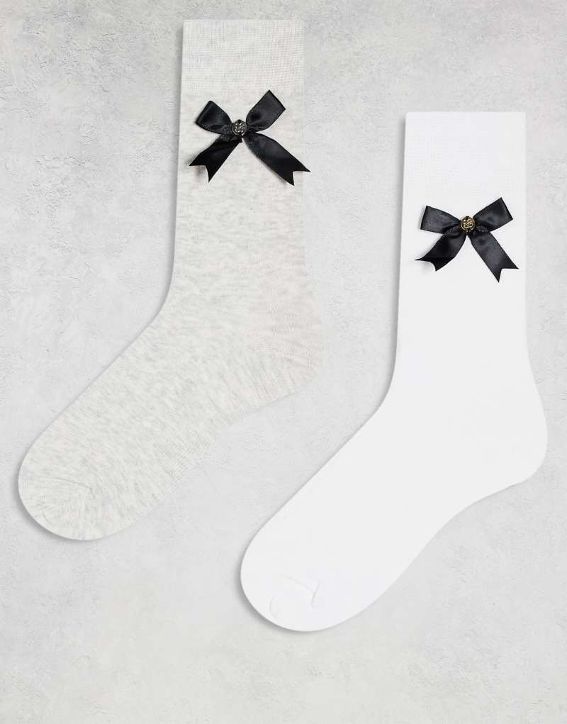 Cotton On crew socks 2 pack with bow detail in white soft gray COTTON ON