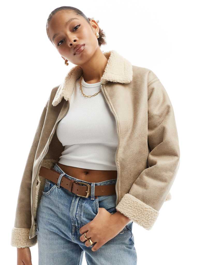 Cotton On Dakota faux leather aviator jacket in taupe COTTON ON