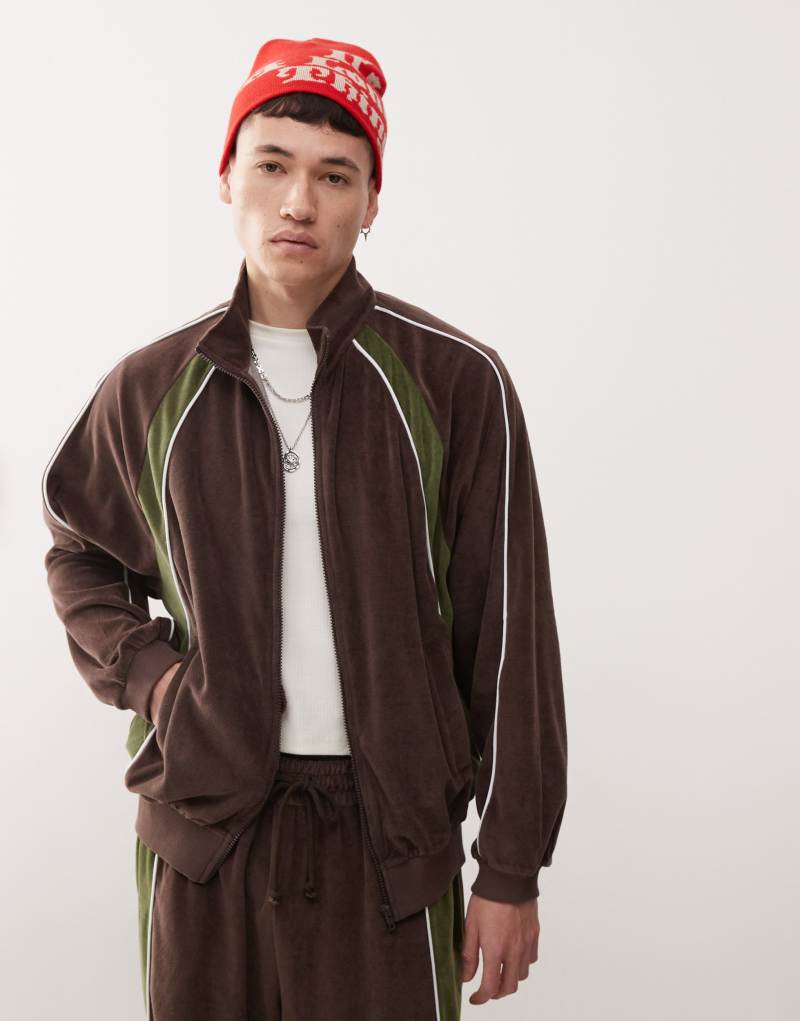 COLLUSION velour contrast panel and seam track jacket in brown and green - part of a set Collusion