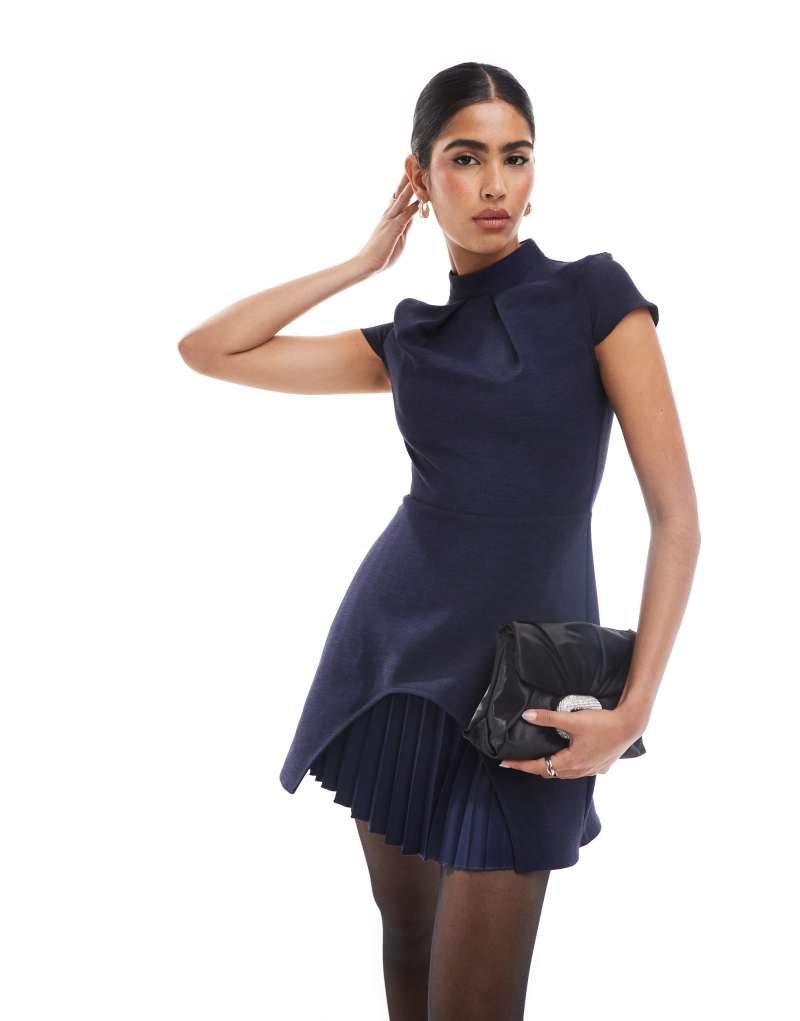 Closet London pleated cap sleeve mini dress in navy Closet London