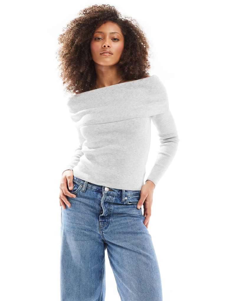 Cotton On everfine rib off shoulder crop knit sweater in gray COTTON ON