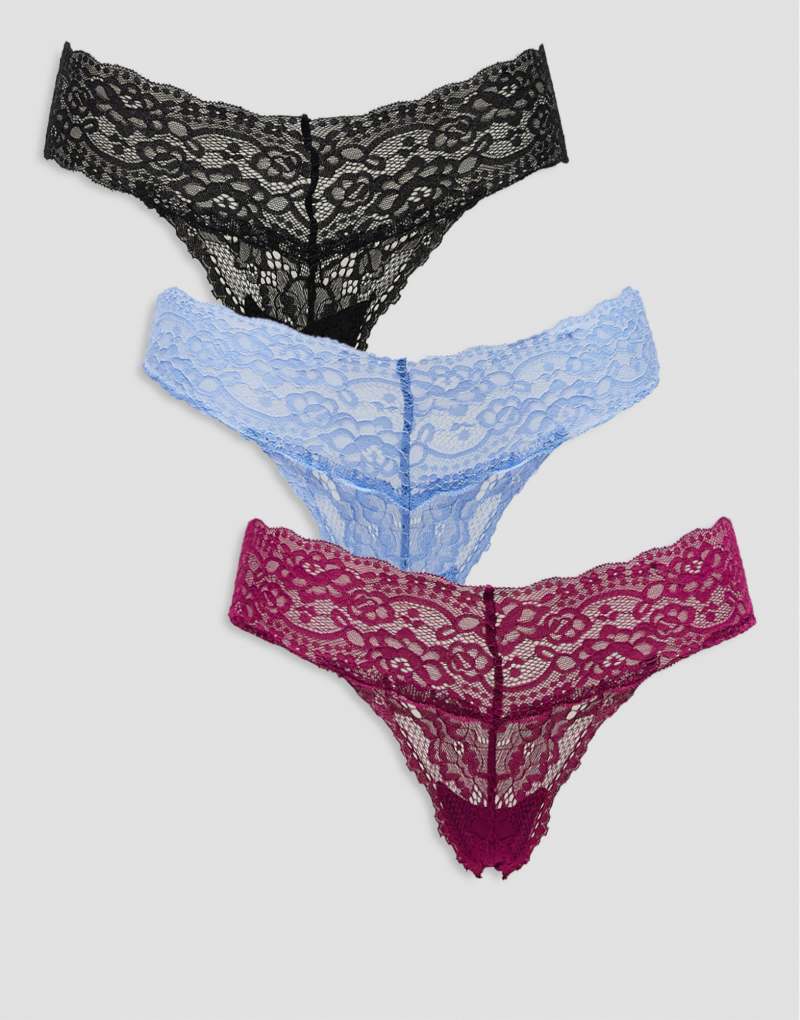 Cotton On everyday lace thong briefs 3 pack berry blue black COTTON ON